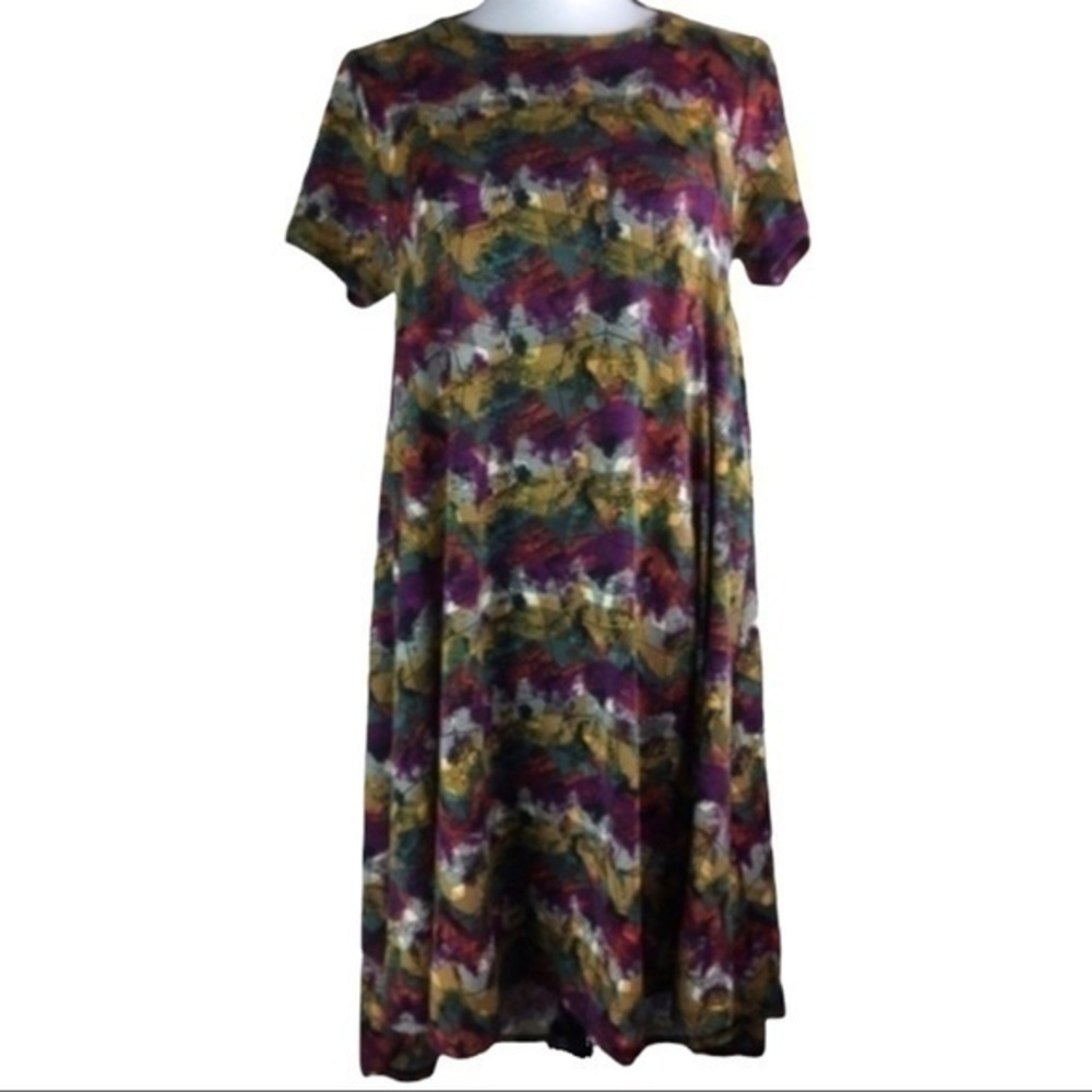 LuLaRoe Carly Dress Multi Color Star Print Hi Lo Short Sleeve Chest Pocket Sz XS